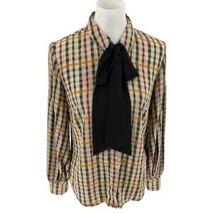 Cece Womens Plaid Button-Down Blouse With Black Bow Tie Collar, Small